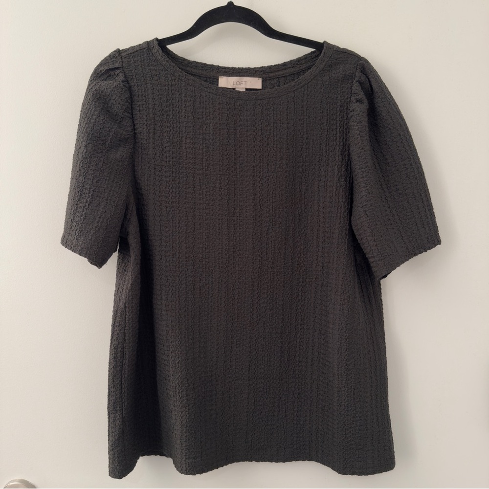 Ann Taylor Loft Crinkle Puff Green Black Shirt Blouse Top Size Large Textured